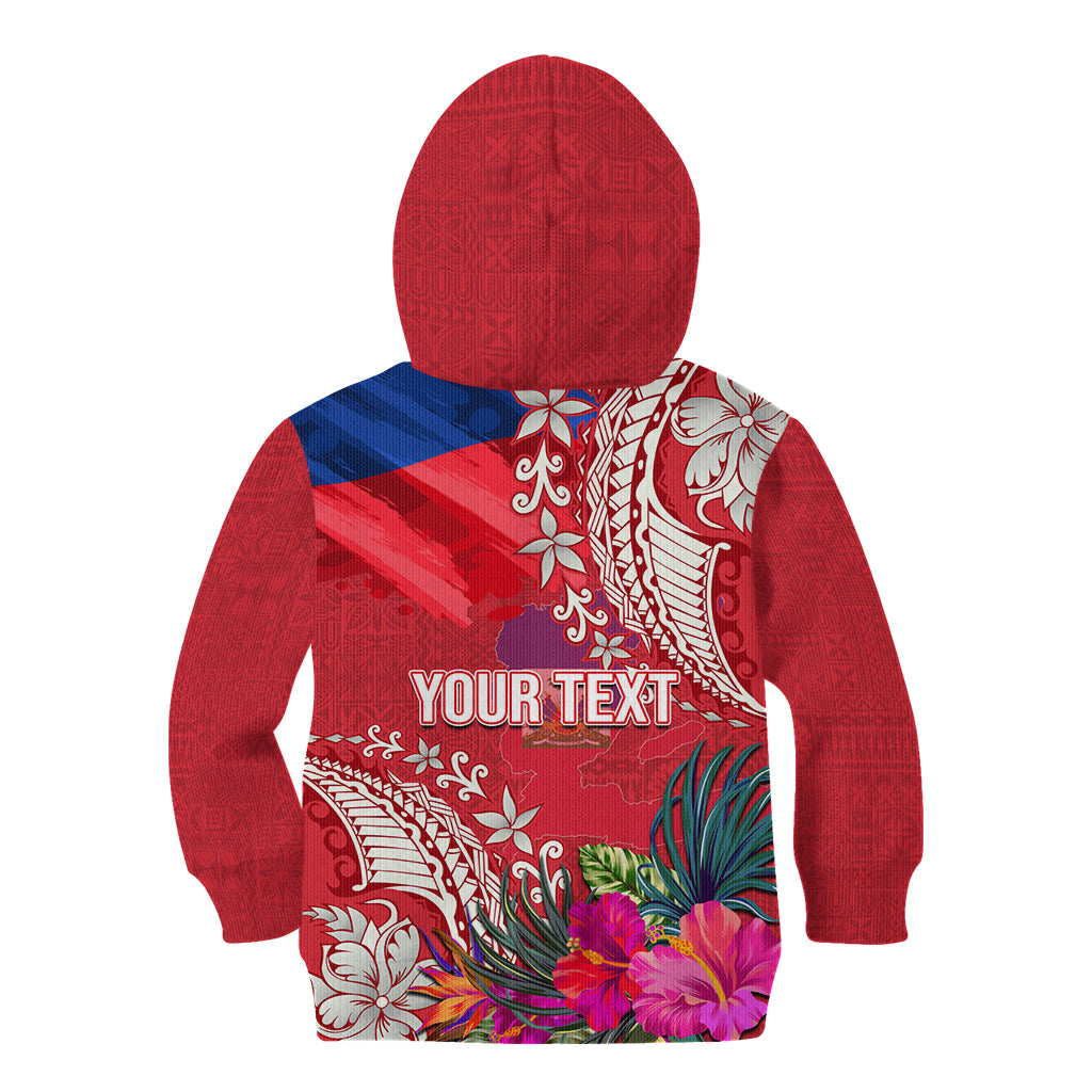 Personalised Haiti Coat Of Arms Kid Hoodie Repiblik d Ayiti Tropical Flower Red Polynesian Pattern LT03 - Polynesian Pride