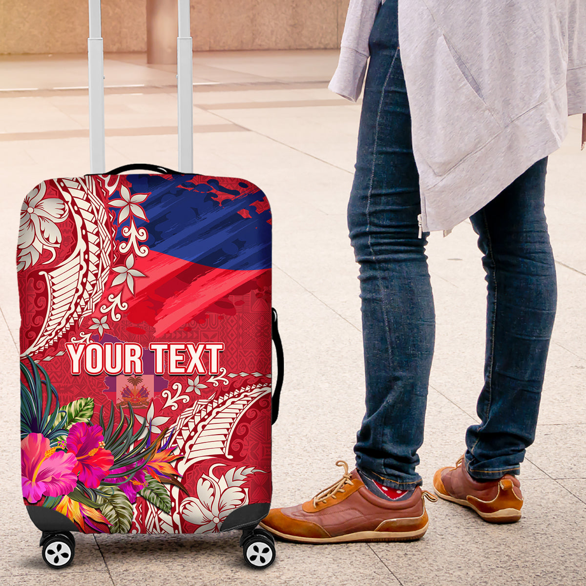 Personalised Haiti Coat Of Arms Luggage Cover Repiblik d Ayiti Tropical Flower Red Polynesian Pattern LT03 Red - Polynesian Pride