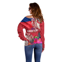 Personalised Haiti Coat Of Arms Off Shoulder Sweater Repiblik d Ayiti Tropical Flower Red Polynesian Pattern LT03 - Polynesian Pride