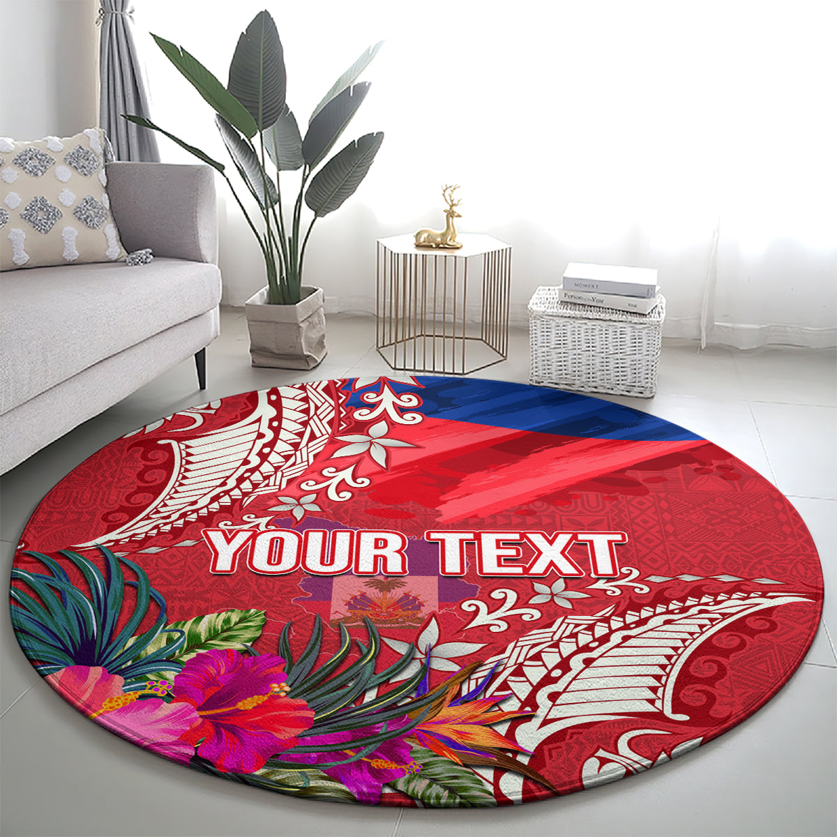 Personalised Haiti Coat Of Arms Round Carpet Repiblik d Ayiti Tropical Flower Red Polynesian Pattern LT03 - Polynesian Pride