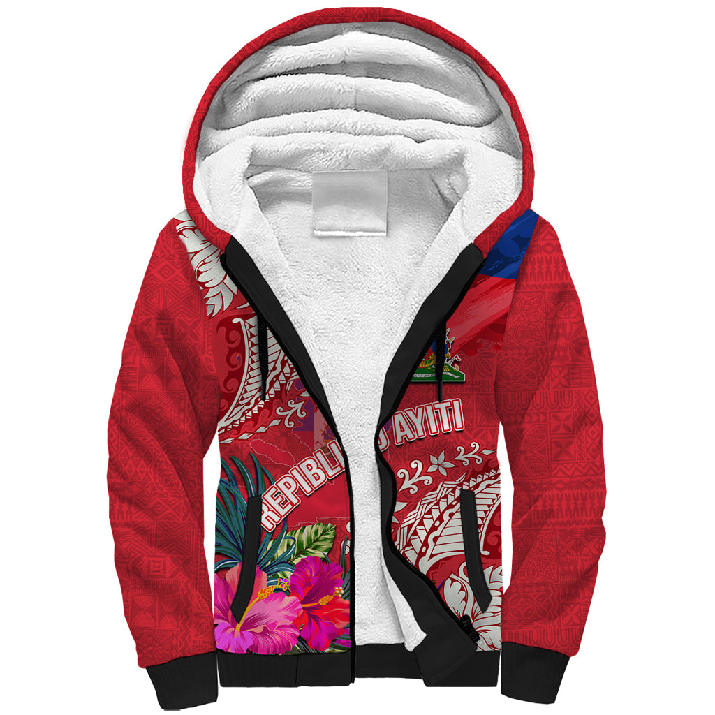 Personalised Haiti Coat Of Arms Sherpa Hoodie Repiblik d Ayiti Tropical Flower Red Polynesian Pattern LT03 Unisex Red - Polynesian Pride