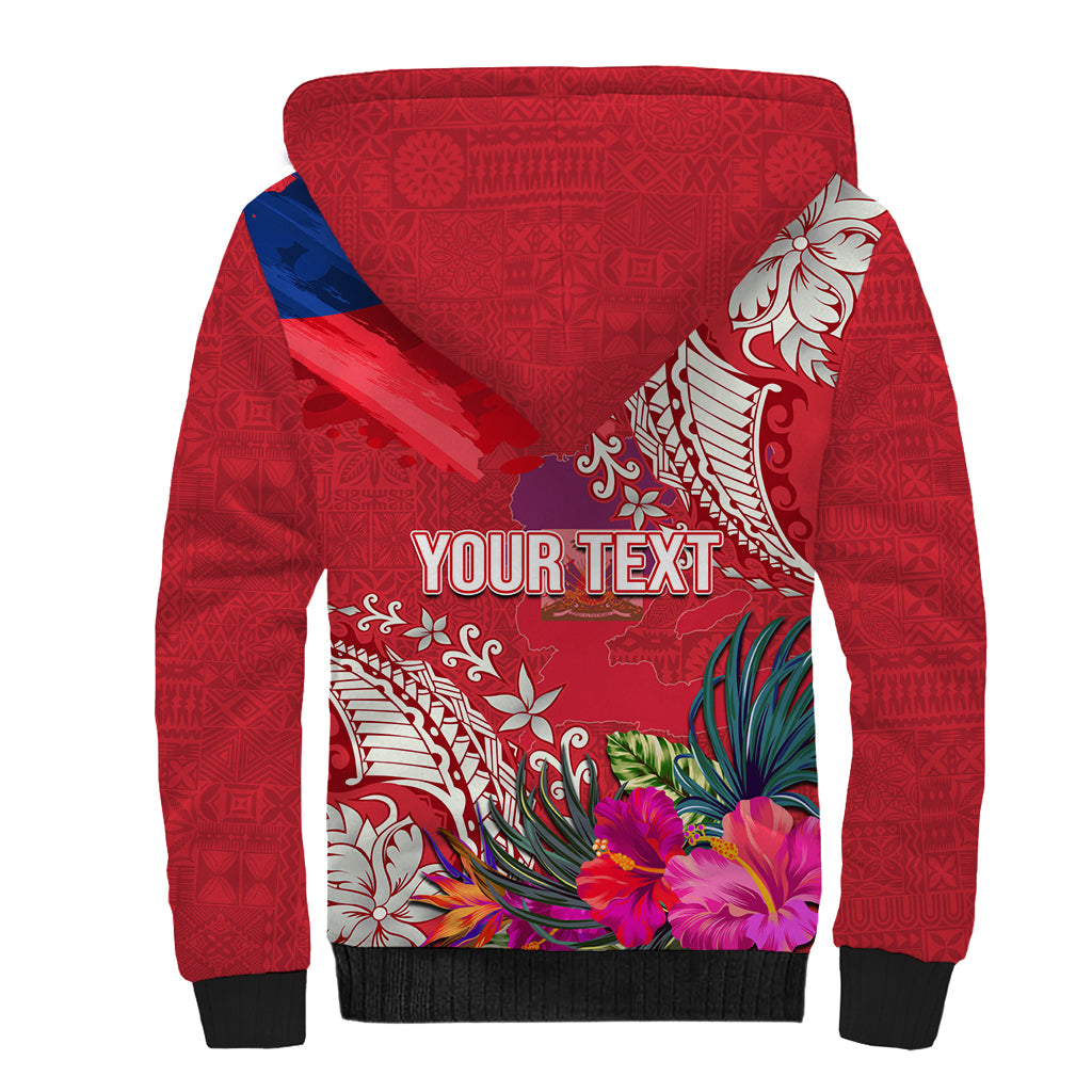 Personalised Haiti Coat Of Arms Sherpa Hoodie Repiblik d Ayiti Tropical Flower Red Polynesian Pattern LT03 - Polynesian Pride