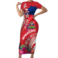 Personalised Haiti Coat Of Arms Short Sleeve Bodycon Dress Repiblik d Ayiti Tropical Flower Red Polynesian Pattern LT03 Long Dress Red - Polynesian Pride