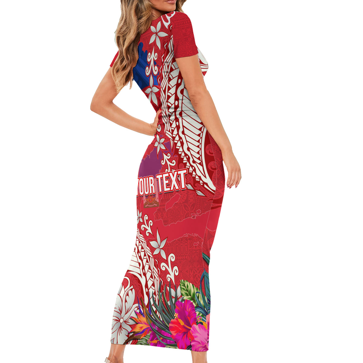 Personalised Haiti Coat Of Arms Short Sleeve Bodycon Dress Repiblik d Ayiti Tropical Flower Red Polynesian Pattern LT03 - Polynesian Pride