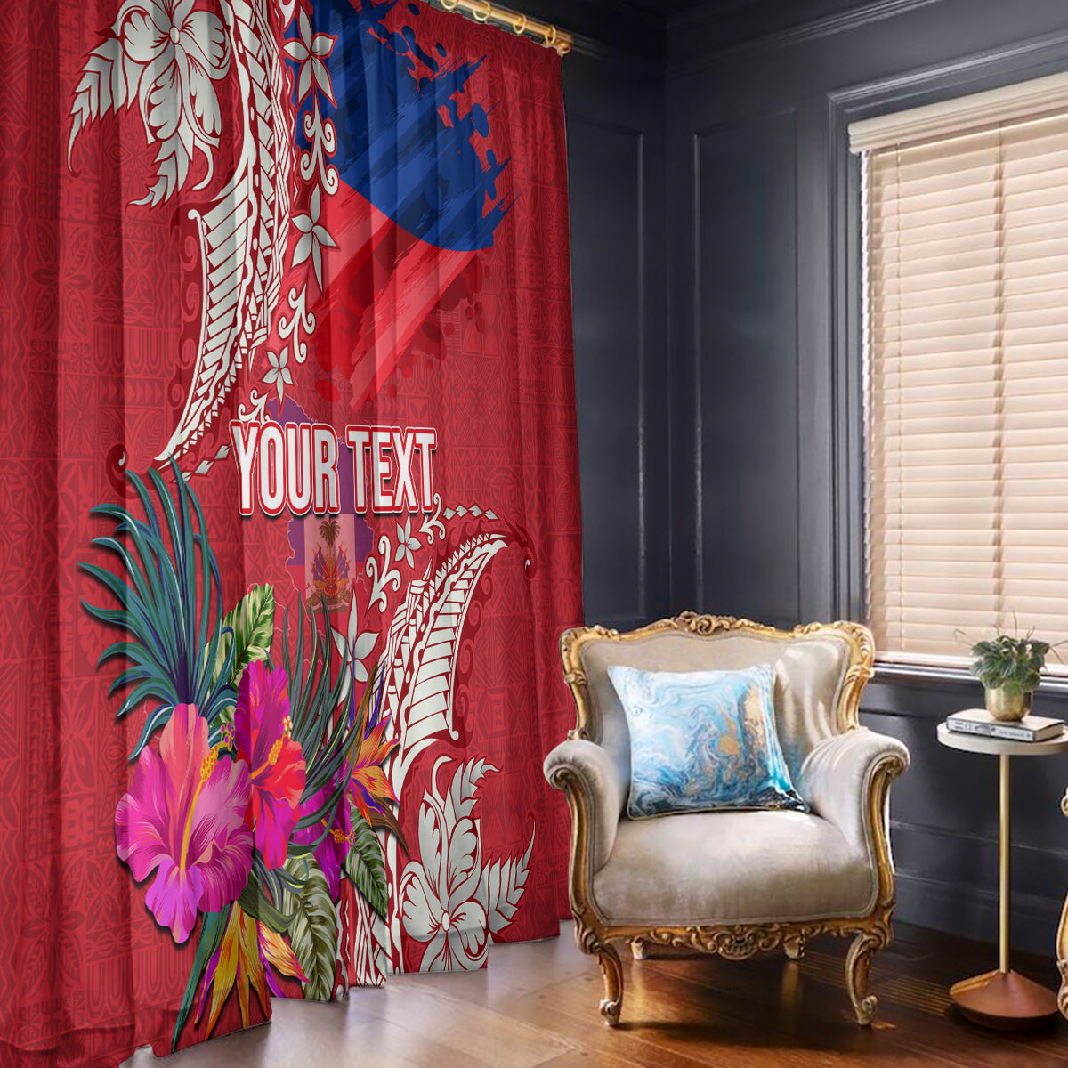 Personalised Haiti Coat Of Arms Window Curtain Repiblik d Ayiti Tropical Flower Red Polynesian Pattern LT03 - Polynesian Pride