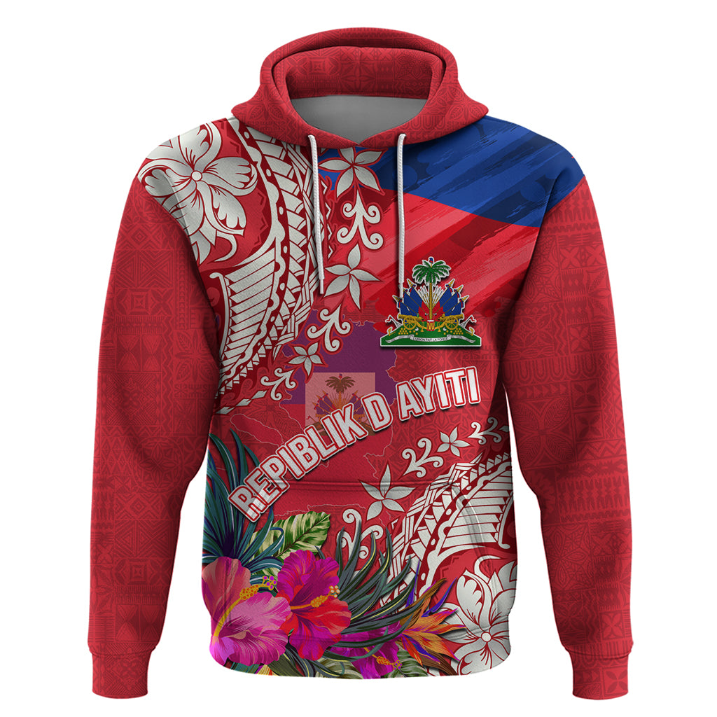 Personalised Haiti Coat Of Arms Zip Hoodie Repiblik d Ayiti Tropical Flower Red Polynesian Pattern LT03 Pullover Hoodie Red - Polynesian Pride