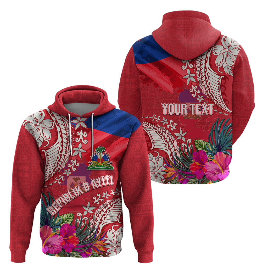 Personalised Haiti Coat Of Arms Zip Hoodie Repiblik d Ayiti Tropical Flower Red Polynesian Pattern LT03 - Polynesian Pride