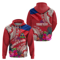 Personalised Haiti Coat Of Arms Zip Hoodie Repiblik d Ayiti Tropical Flower Red Polynesian Pattern LT03 - Polynesian Pride