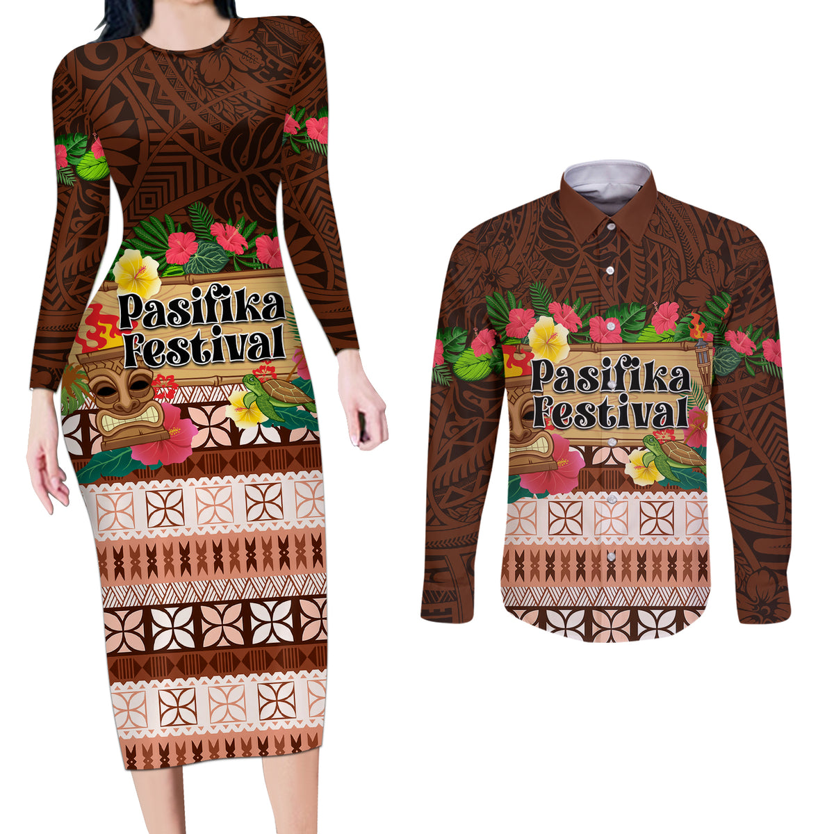 Pasifika Festival Auckland Couples Matching Long Sleeve Bodycon Dress and Long Sleeve Button Shirt Polynesian Tribal with Pacific Pattern Brown Color LT03 Brown - Polynesian Pride