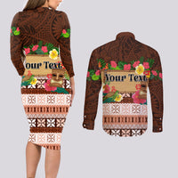 Pasifika Festival Auckland Couples Matching Long Sleeve Bodycon Dress and Long Sleeve Button Shirt Polynesian Tribal with Pacific Pattern Brown Color LT03 - Polynesian Pride