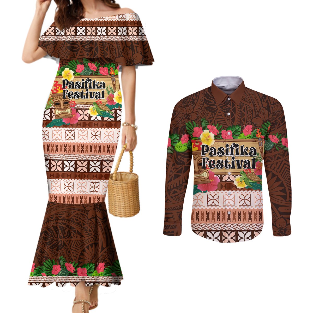 Pasifika Festival Auckland Couples Matching Mermaid Dress and Long Sleeve Button Shirt Polynesian Tribal with Pacific Pattern Brown Color LT03 Brown - Polynesian Pride