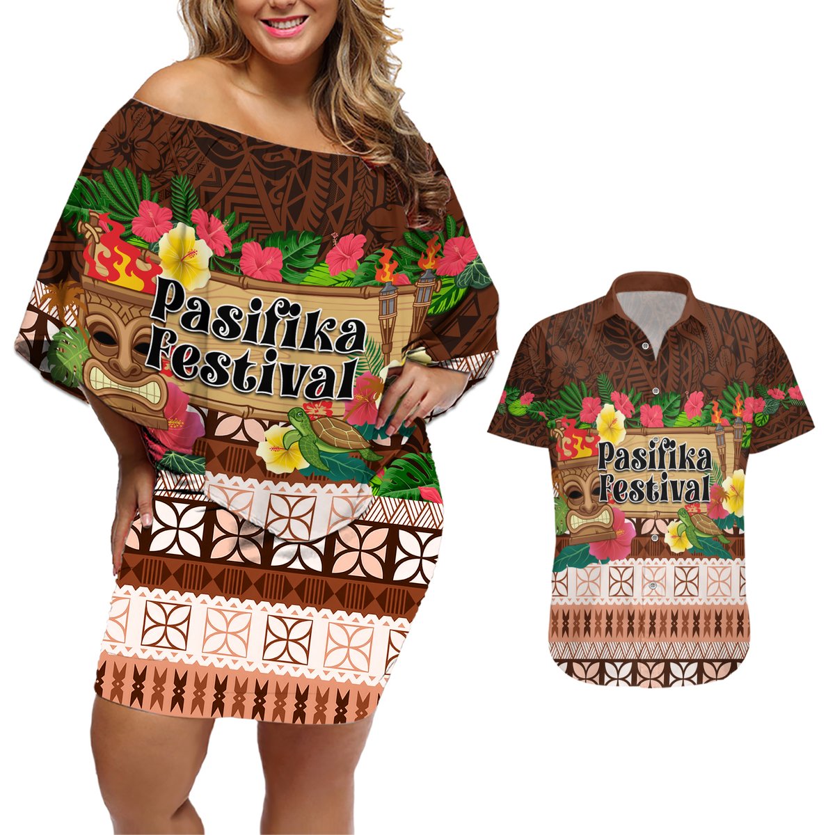 Pasifika Festival Auckland Couples Matching Off Shoulder Short Dress and Hawaiian Shirt Polynesian Tribal with Pacific Pattern Brown Color LT03 Brown - Polynesian Pride