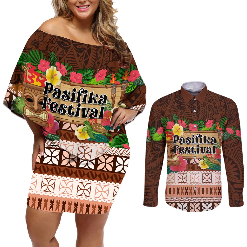 Pasifika Festival Auckland Couples Matching Off Shoulder Short Dress and Long Sleeve Button Shirt Polynesian Tribal with Pacific Pattern Brown Color LT03 Brown - Polynesian Pride