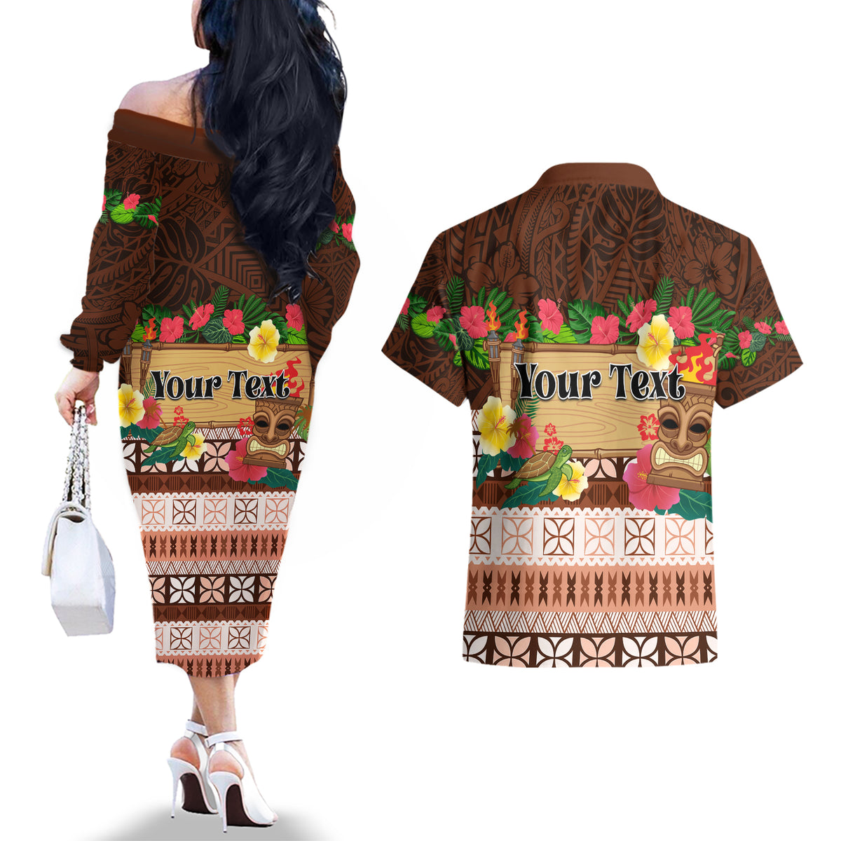 Pasifika Festival Auckland Couples Matching Off The Shoulder Long Sleeve Dress and Hawaiian Shirt Polynesian Tribal with Pacific Pattern Brown Color LT03 - Polynesian Pride