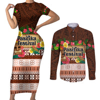 Pasifika Festival Auckland Couples Matching Short Sleeve Bodycon Dress and Long Sleeve Button Shirt Polynesian Tribal with Pacific Pattern Brown Color LT03 Brown - Polynesian Pride
