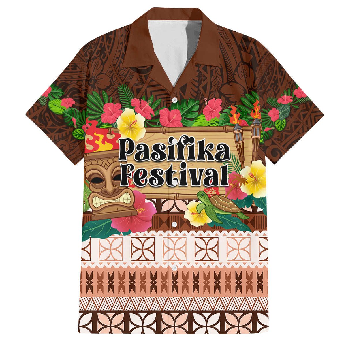Pasifika Festival Auckland Family Matching Off Shoulder Maxi Dress and Hawaiian Shirt Polynesian Tribal with Pacific Pattern Brown Color LT03 Dad's Shirt - Short Sleeve Brown - Polynesian Pride