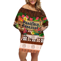 Pasifika Festival Auckland Family Matching Off Shoulder Short Dress and Hawaiian Shirt Polynesian Tribal with Pacific Pattern Brown Color LT03 Mom's Dress Brown - Polynesian Pride