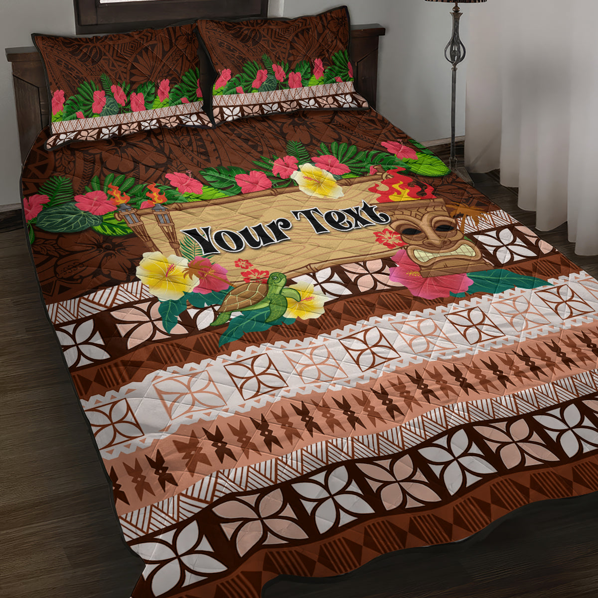 Pasifika Festival Auckland Quilt Bed Set Polynesian Tribal with Pacific Pattern Brown Color
