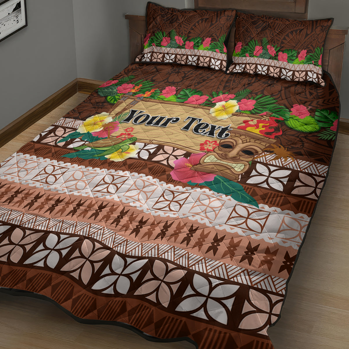 Pasifika Festival Auckland Quilt Bed Set Polynesian Tribal with Pacific Pattern Brown Color