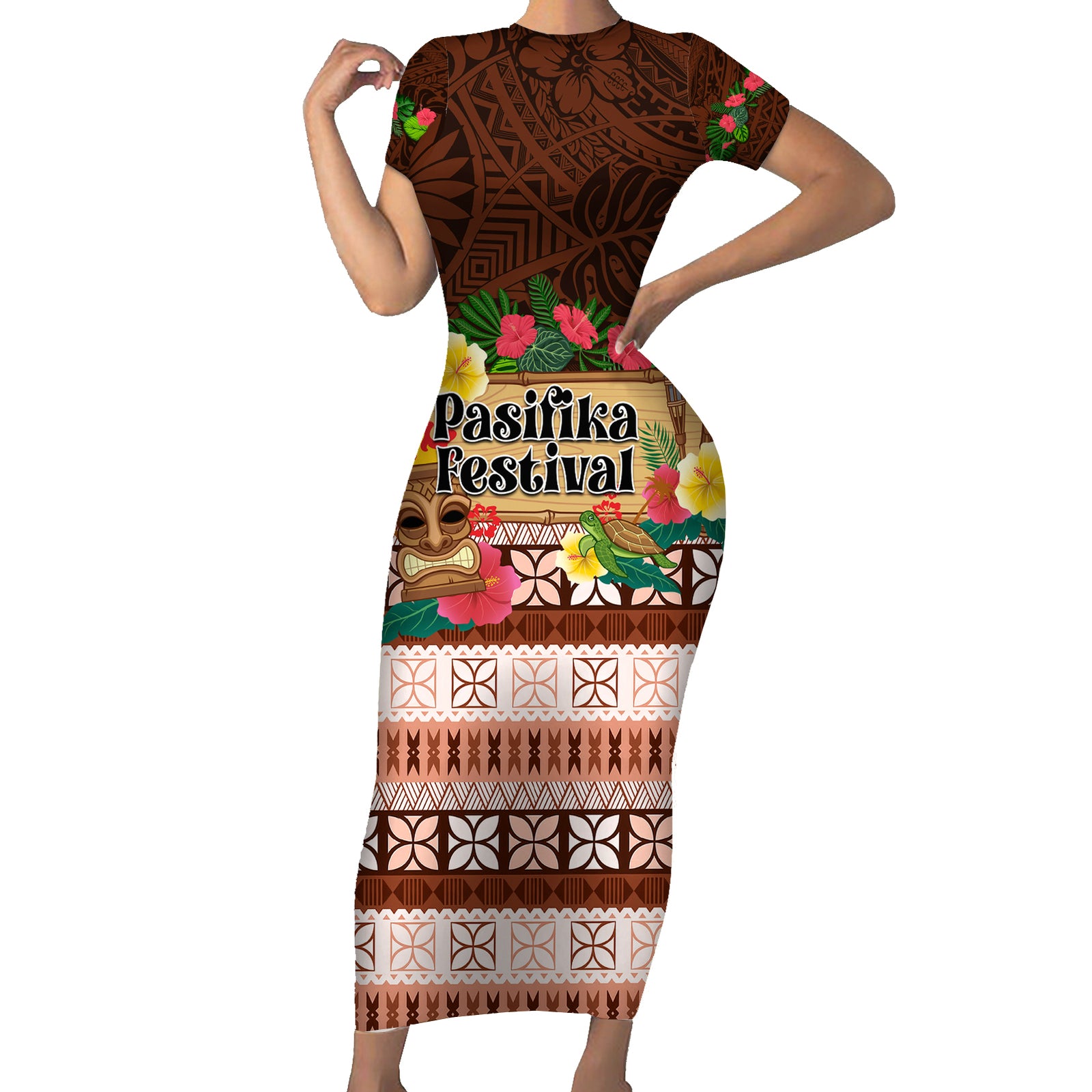 Pasifika Festival Auckland Short Sleeve Bodycon Dress Polynesian Tribal with Pacific Pattern Brown Color LT03 Long Dress Brown - Polynesian Pride