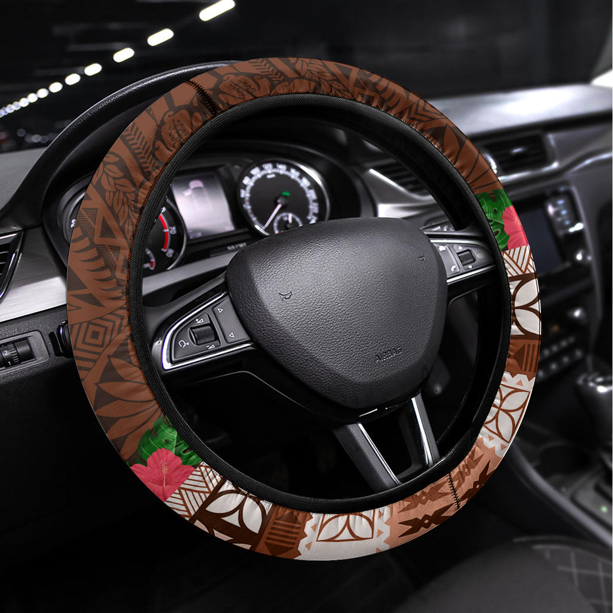 Pasifika Festival Auckland Steering Wheel Cover Polynesian Tribal with Pacific Pattern Brown Color