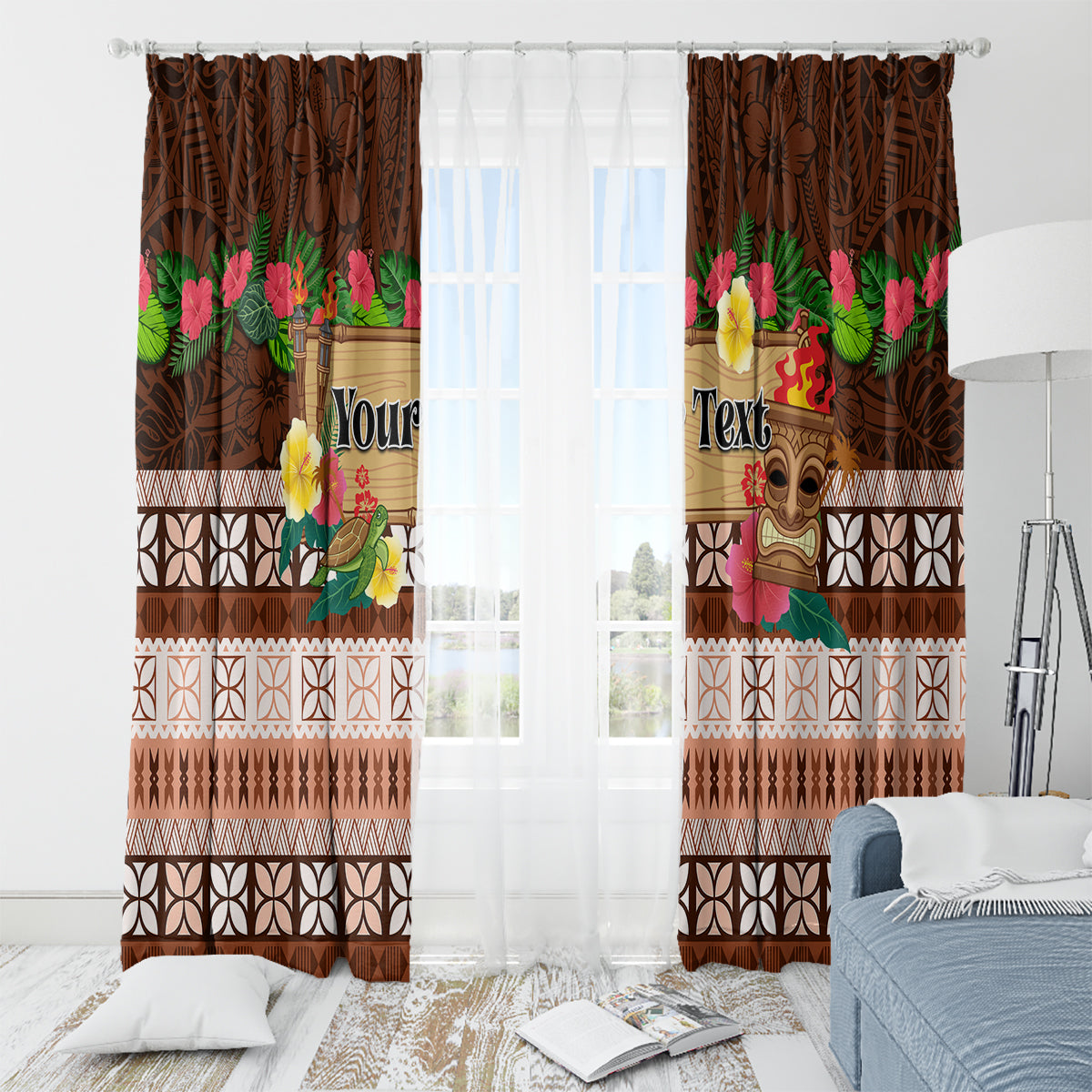 Pasifika Festival Auckland Window Curtain Polynesian Tribal with Pacific Pattern Brown Color