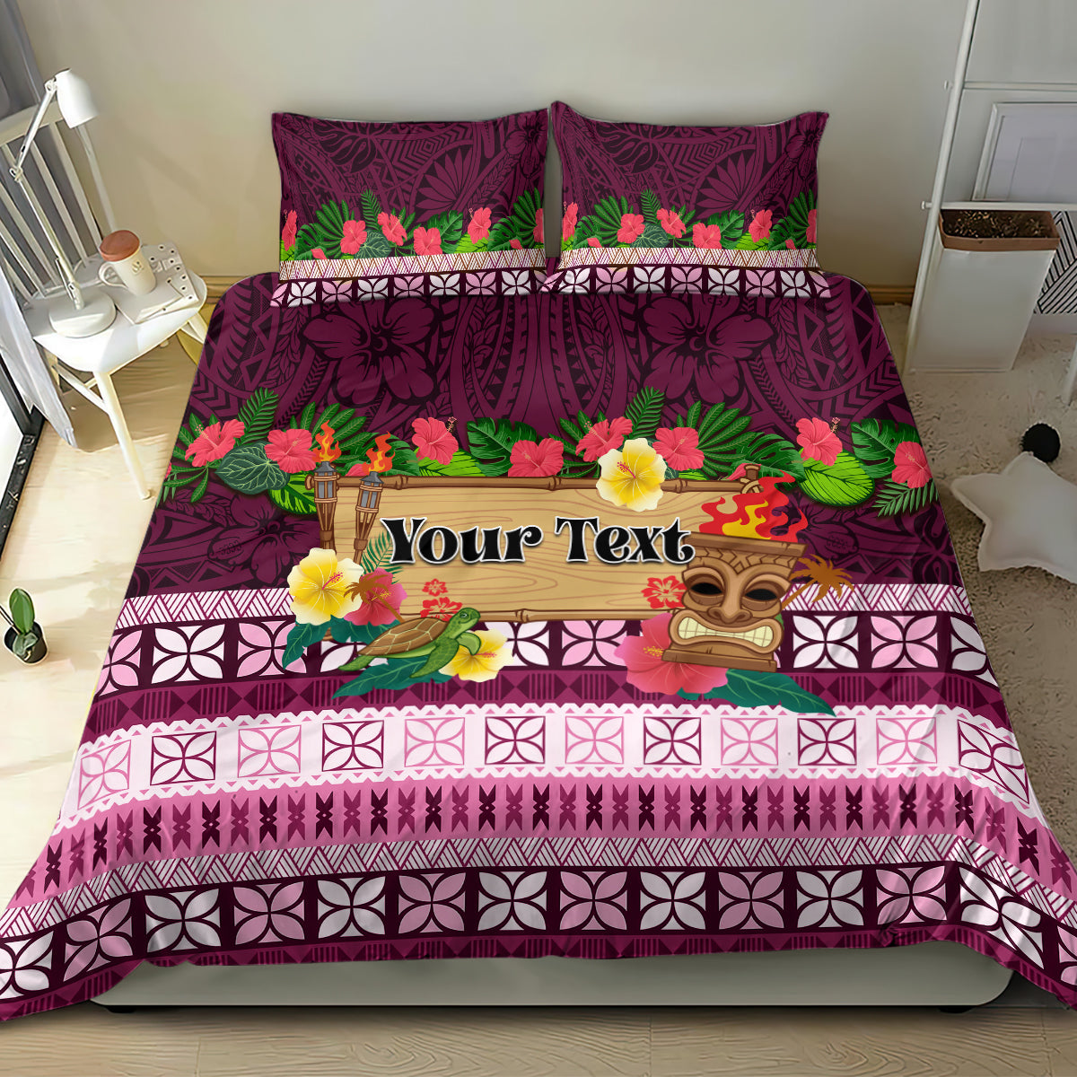 Pasifika Festival Auckland Bedding Set Polynesian Tribal with Pacific Pattern Pink Color
