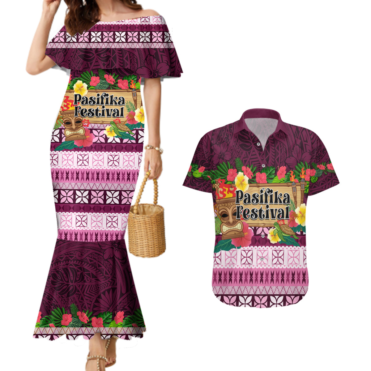 Pasifika Festival Auckland Couples Matching Mermaid Dress and Hawaiian Shirt Polynesian Tribal with Pacific Pattern Pink Color LT03 Pink - Polynesian Pride