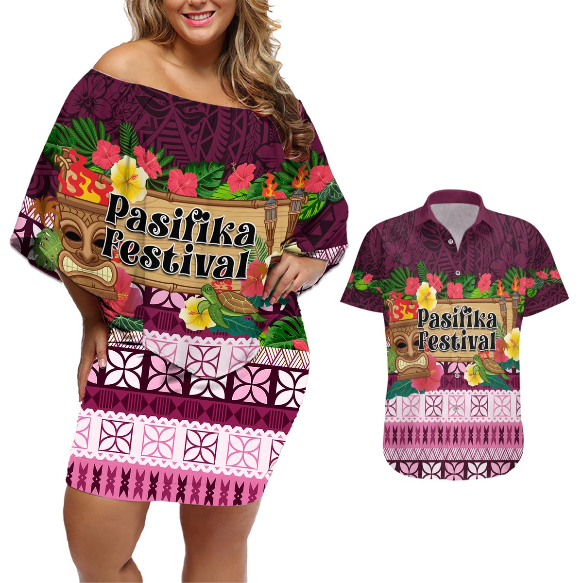 Pasifika Festival Auckland Couples Matching Off Shoulder Short Dress and Hawaiian Shirt Polynesian Tribal with Pacific Pattern Pink Color LT03 Pink - Polynesian Pride