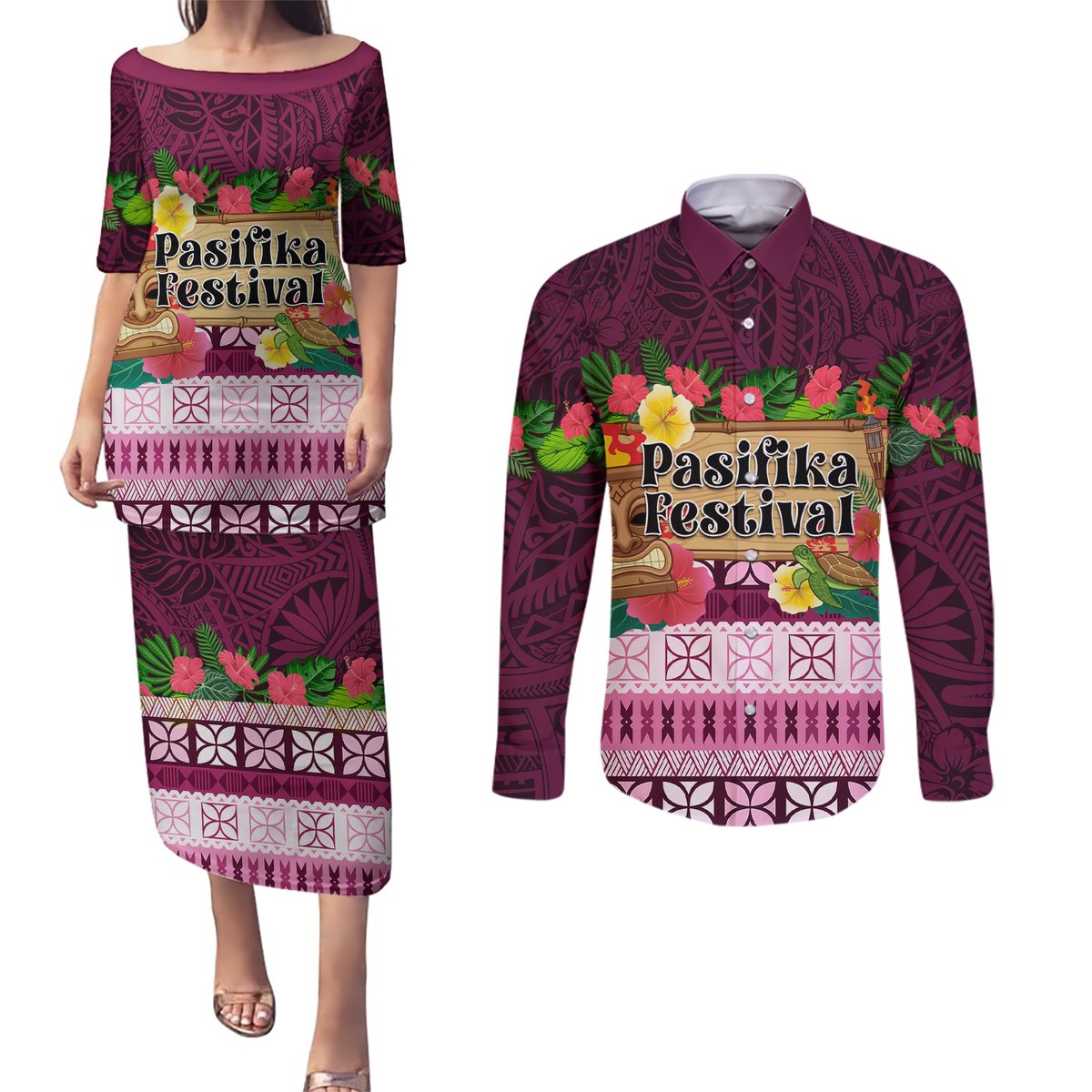Pasifika Festival Auckland Couples Matching Puletasi and Long Sleeve Button Shirt Polynesian Tribal with Pacific Pattern Pink Color LT03 Pink - Polynesian Pride