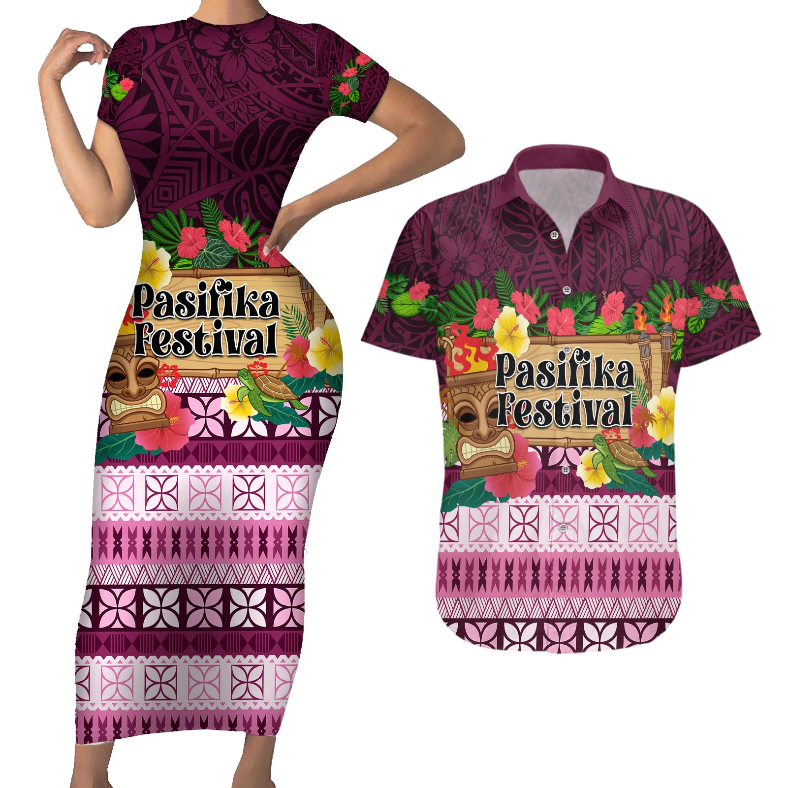 Pasifika Festival Auckland Couples Matching Short Sleeve Bodycon Dress and Hawaiian Shirt Polynesian Tribal with Pacific Pattern Pink Color LT03 Pink - Polynesian Pride