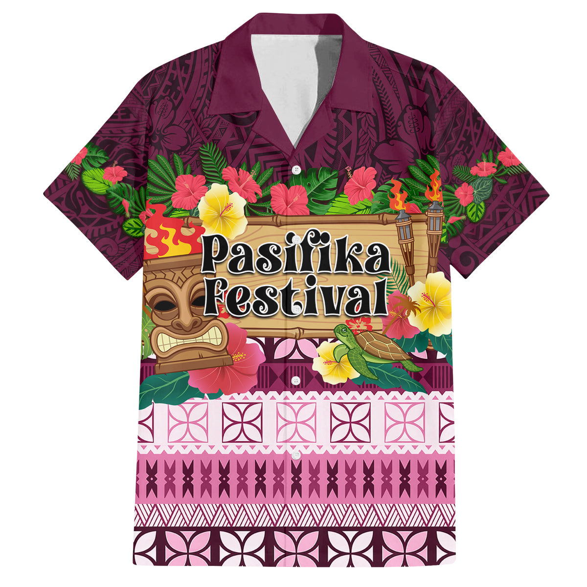 Pasifika Festival Auckland Family Matching Puletasi and Hawaiian Shirt Polynesian Tribal with Pacific Pattern Pink Color LT03 Dad's Shirt - Short Sleeve Pink - Polynesian Pride