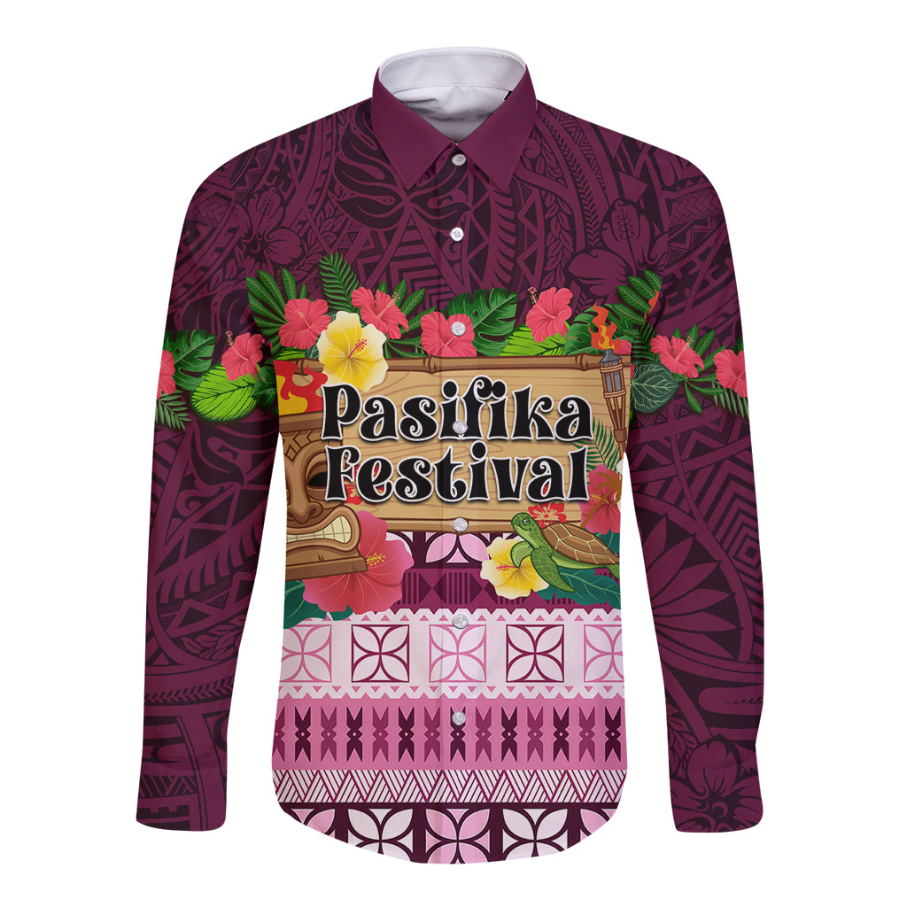 Pasifika Festival Auckland Long Sleeve Button Shirt Polynesian Tribal with Pacific Pattern Pink Color LT03 Unisex Pink - Polynesian Pride