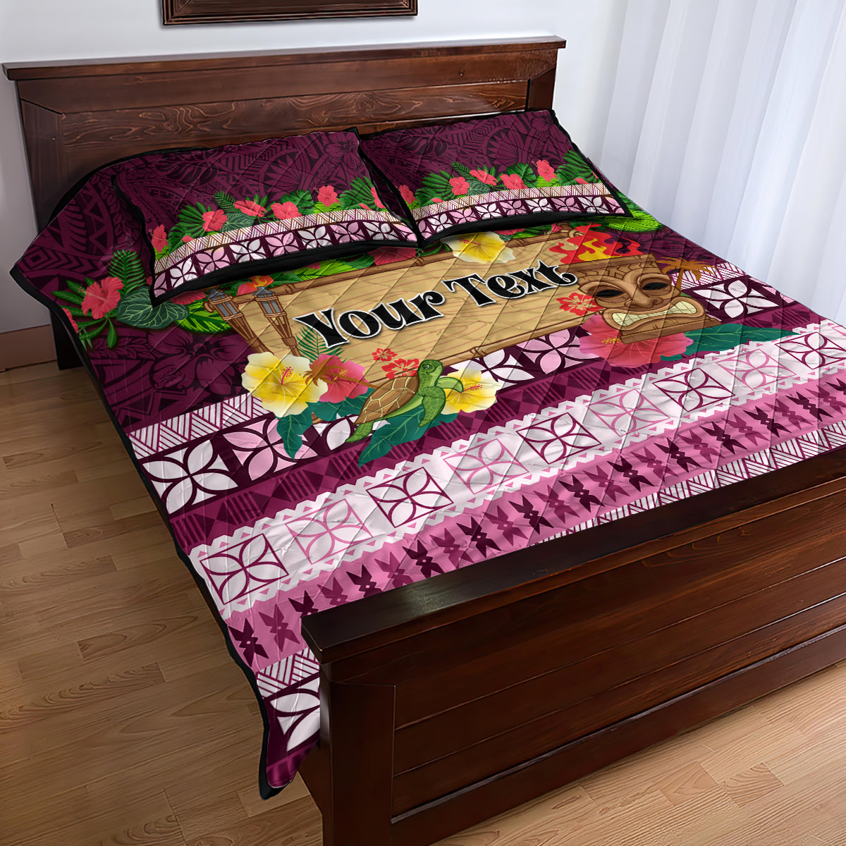 Pasifika Festival Auckland Quilt Bed Set Polynesian Tribal with Pacific Pattern Pink Color