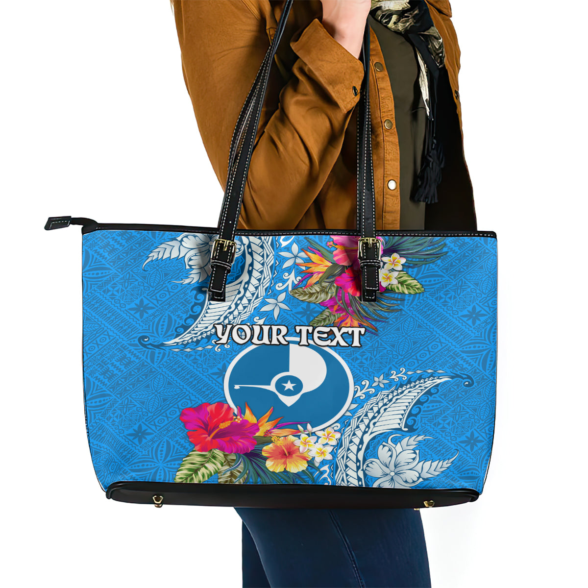 Yap Day Leather Tote Bag Tapa Pattern with Hisbiscus