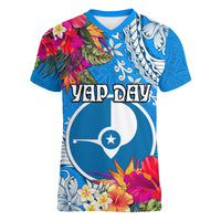 Yap Day Women V Neck T Shirt Tapa Pattern with Hisbiscus LT03 Female Blue - Polynesian Pride