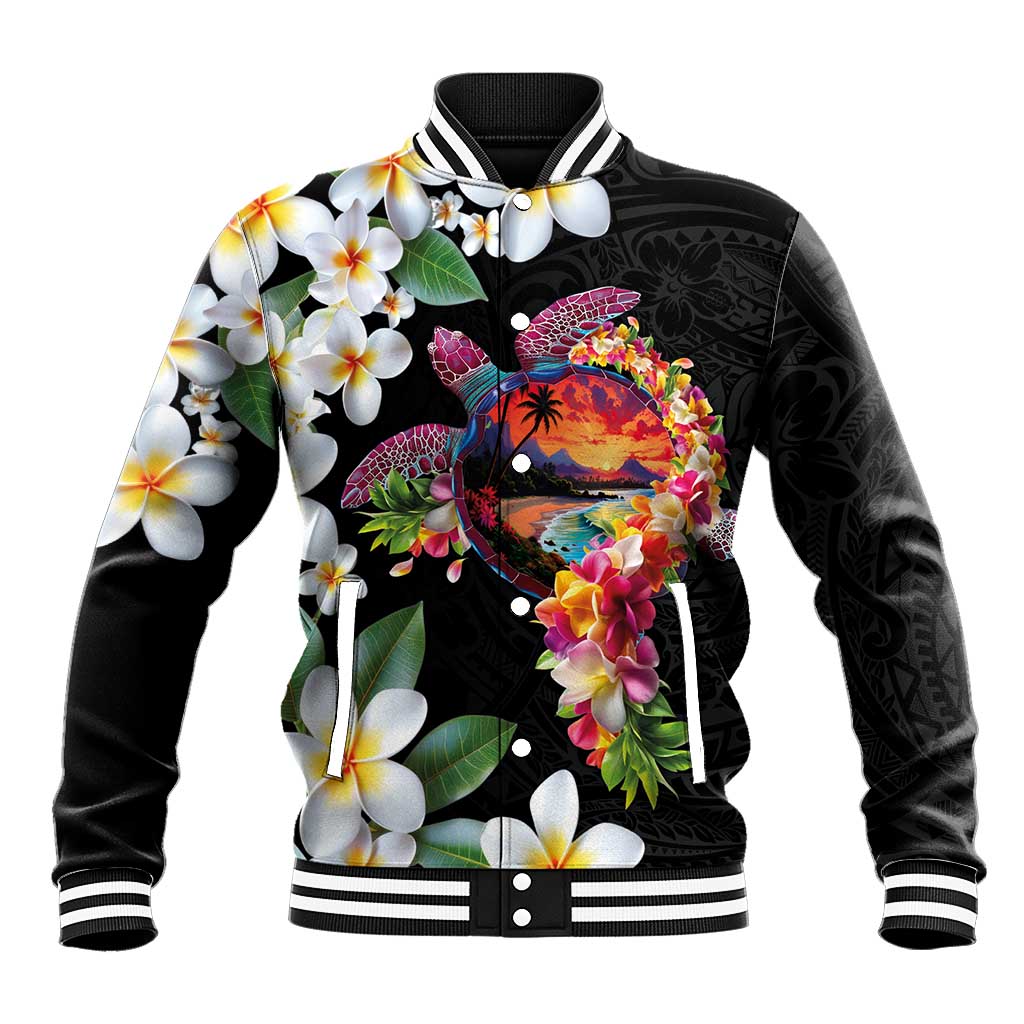 Hawaiian Lei Day Baseball Jacket Plumeria and Turtle with Polynesian Tribal Pattern LT03 Unisex Black - Polynesian Pride