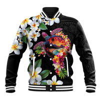 Hawaiian Lei Day Baseball Jacket Plumeria and Turtle with Polynesian Tribal Pattern LT03 Unisex Black - Polynesian Pride