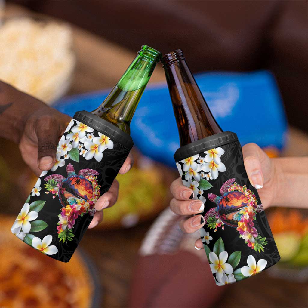 Hawaiian Lei Day 4 in 1 Can Cooler Tumbler Plumeria and Turtle with Polynesian Tribal Pattern