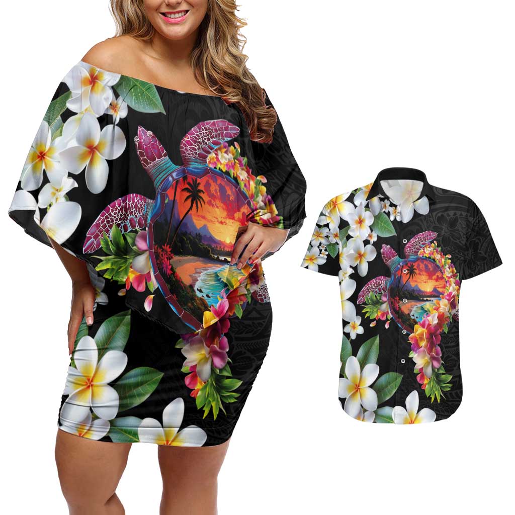 Hawaiian Lei Day Couples Matching Off Shoulder Short Dress and Hawaiian Shirt Plumeria and Turtle with Polynesian Tribal Pattern