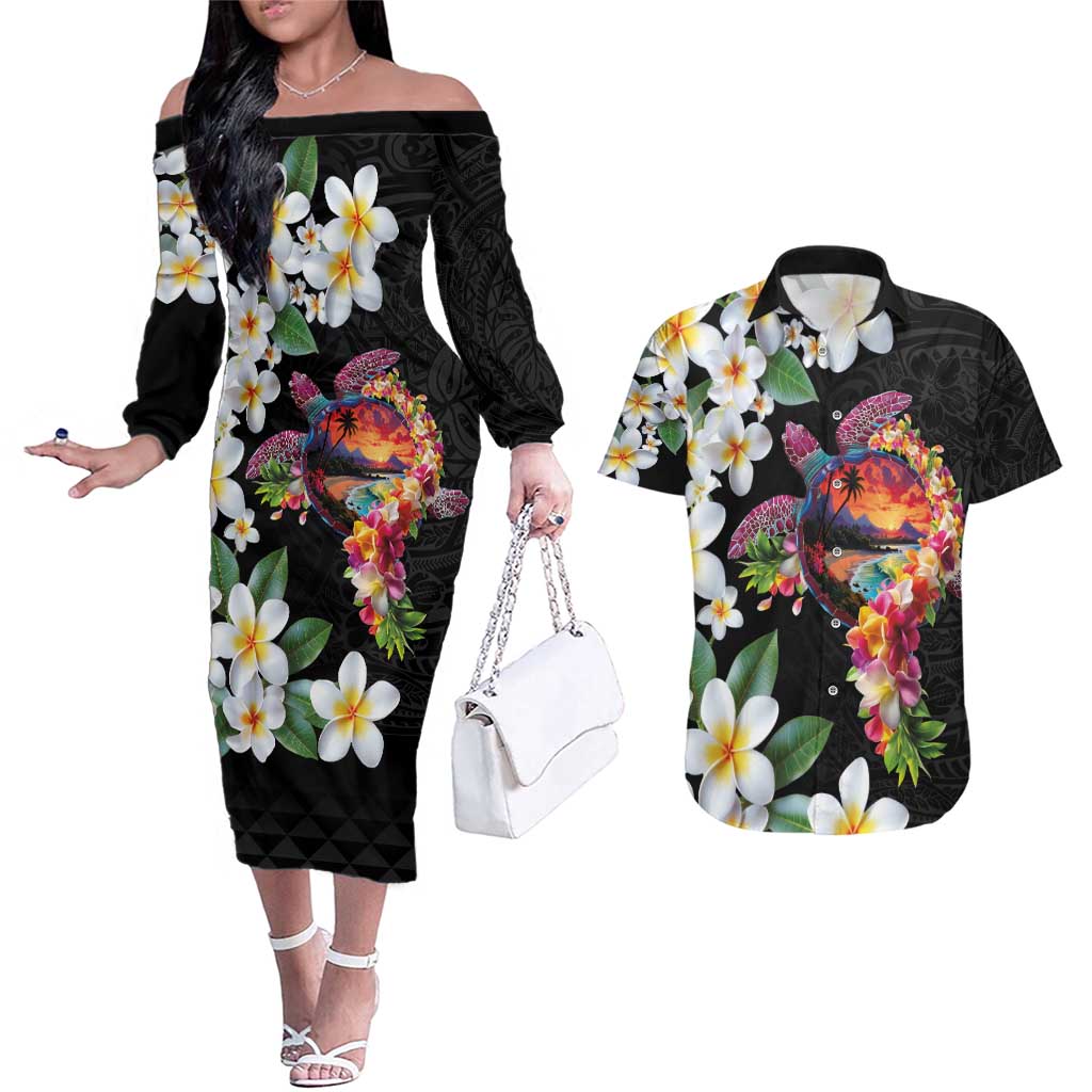 Hawaiian Lei Day Couples Matching Off The Shoulder Long Sleeve Dress and Hawaiian Shirt Plumeria and Turtle with Polynesian Tribal Pattern
