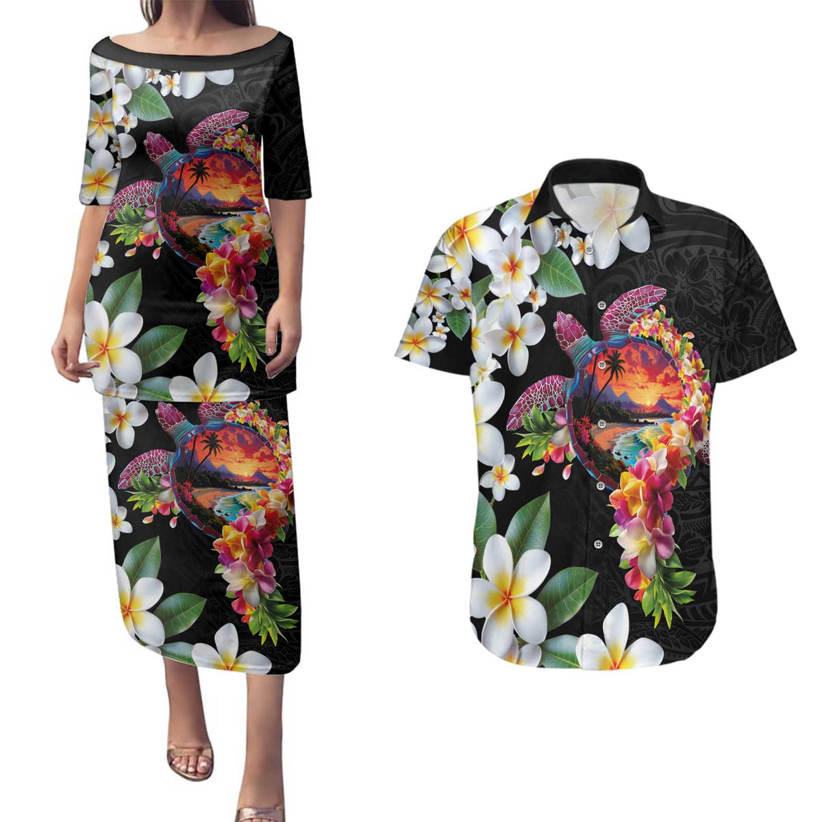 Hawaiian Lei Day Couples Matching Puletasi and Hawaiian Shirt Plumeria and Turtle with Polynesian Tribal Pattern LT03 Black - Polynesian Pride