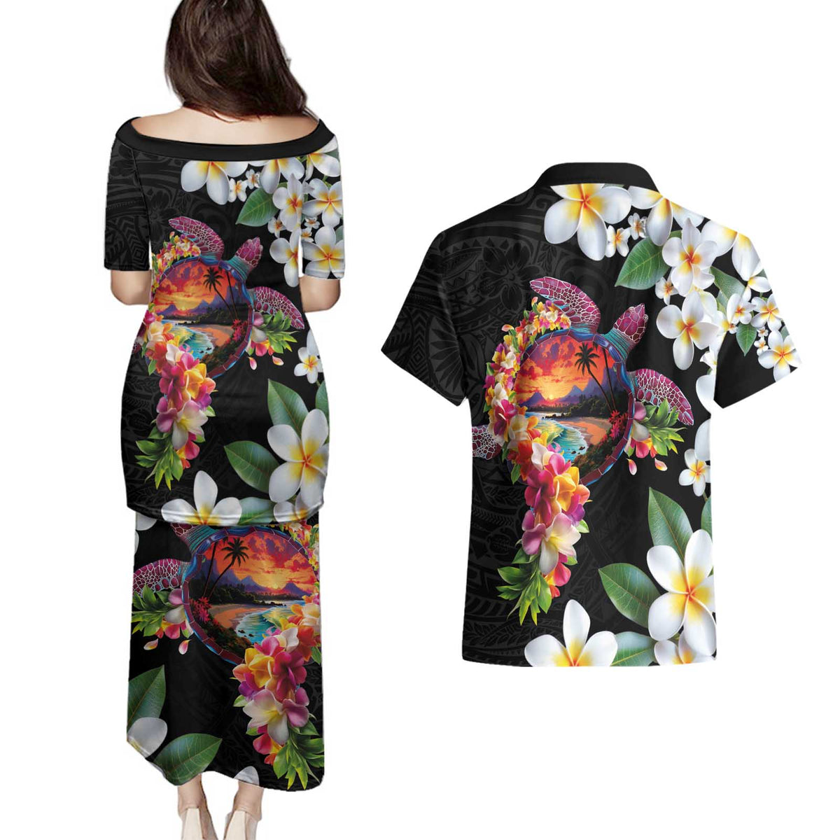 Hawaiian Lei Day Couples Matching Puletasi and Hawaiian Shirt Plumeria and Turtle with Polynesian Tribal Pattern LT03 - Polynesian Pride