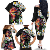 Hawaiian Lei Day Family Matching Off The Shoulder Long Sleeve Dress and Hawaiian Shirt Plumeria and Turtle with Polynesian Tribal Pattern
