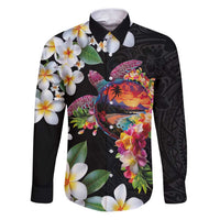 Hawaiian Lei Day Family Matching Puletasi and Hawaiian Shirt Plumeria and Turtle with Polynesian Tribal Pattern LT03 Dad's Shirt - Long Sleeve Black - Polynesian Pride