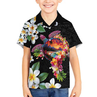 Hawaiian Lei Day Family Matching Puletasi and Hawaiian Shirt Plumeria and Turtle with Polynesian Tribal Pattern LT03 Son's Shirt Black - Polynesian Pride