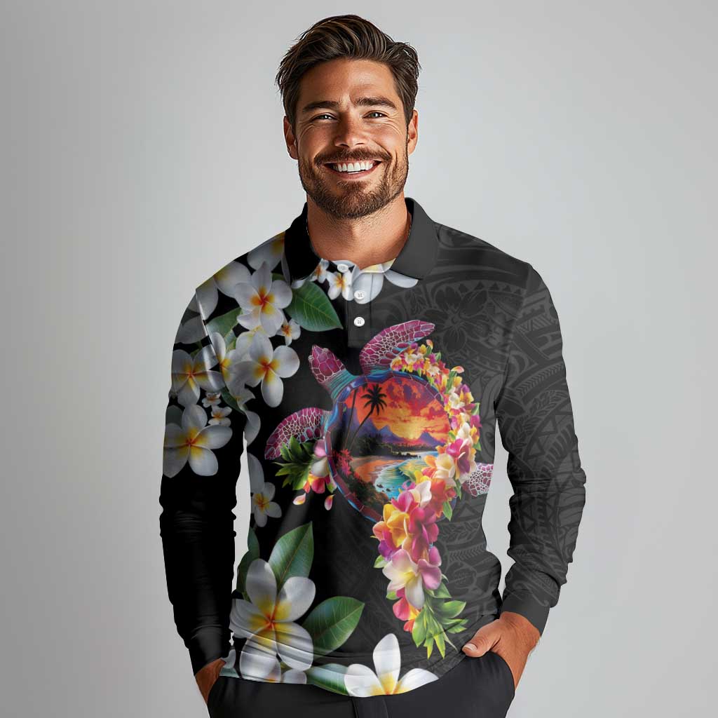 Hawaiian Lei Day Long Sleeve Polo Shirt Plumeria and Turtle with Polynesian Tribal Pattern