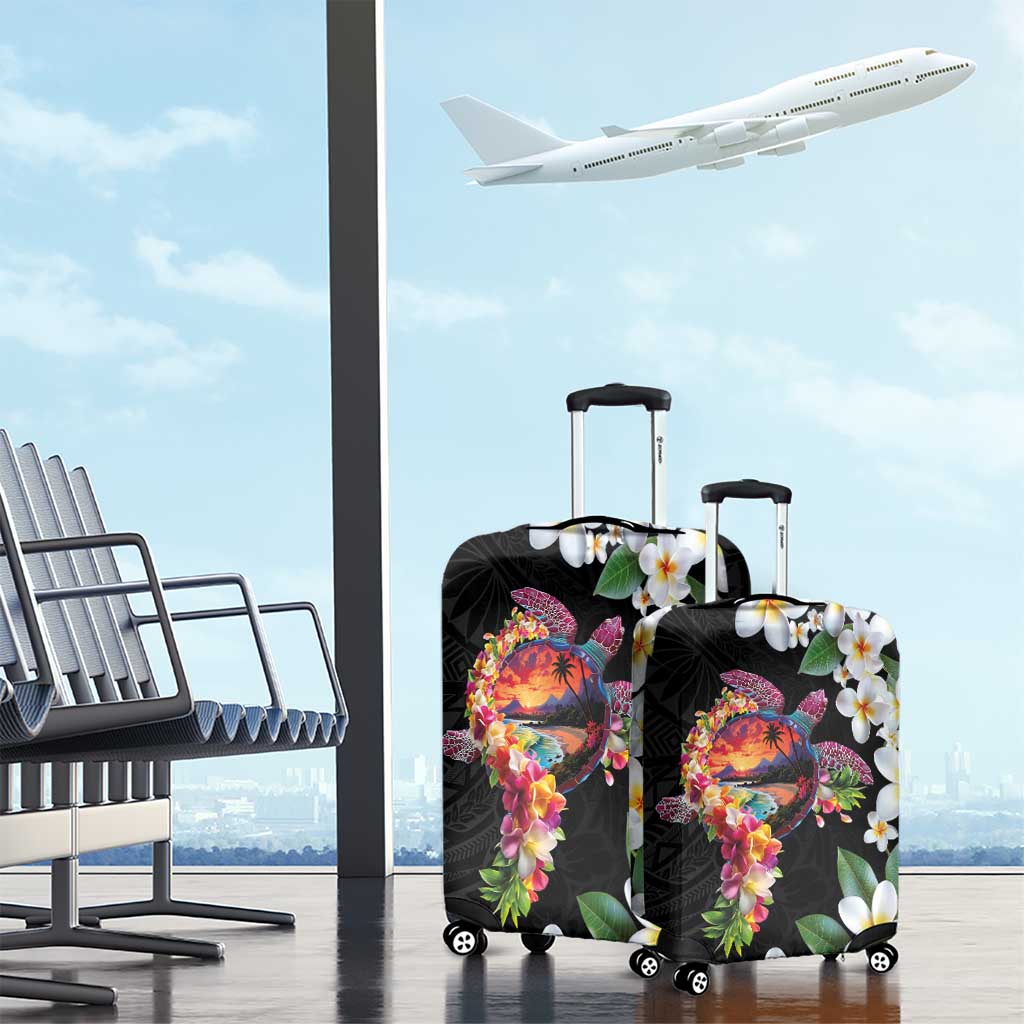 Hawaiian Lei Day Luggage Cover Plumeria and Turtle with Polynesian Tribal Pattern
