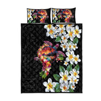Hawaiian Lei Day Quilt Bed Set Plumeria and Turtle with Polynesian Tribal Pattern