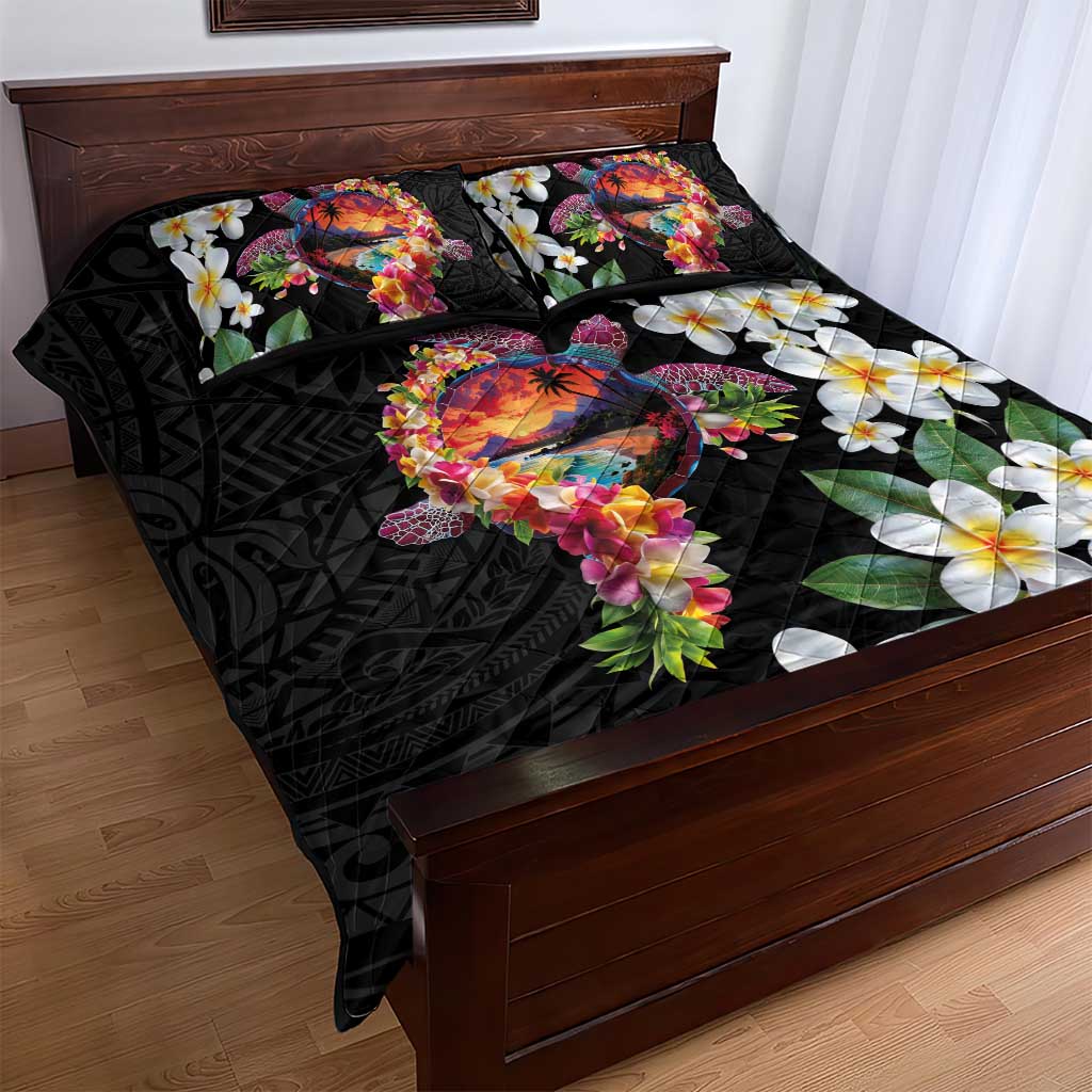 Hawaiian Lei Day Quilt Bed Set Plumeria and Turtle with Polynesian Tribal Pattern